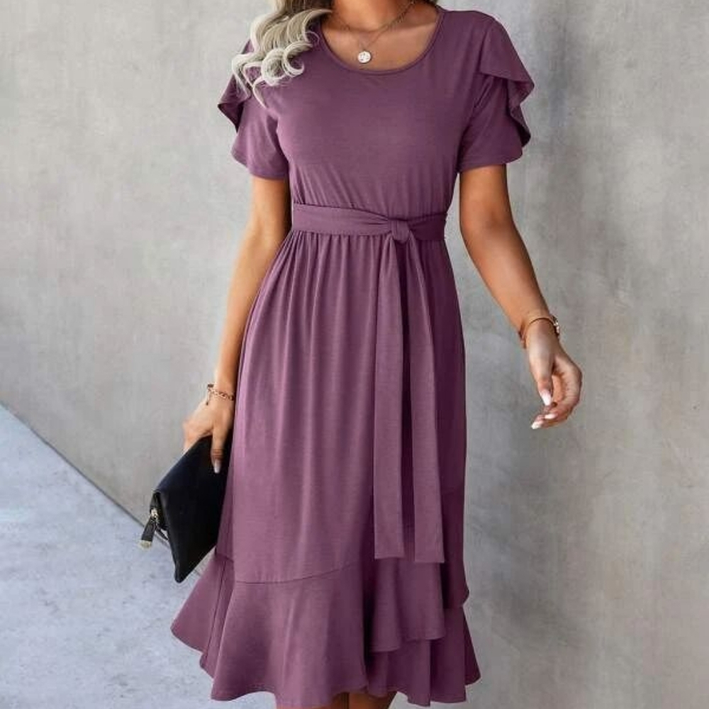 Elegant Purple Ruffle Sleeve Dress